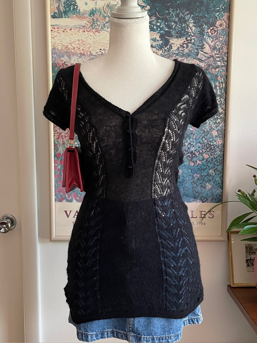 Susana Monaco Sweater Small Black Knit Wool Alpaca Short Sleeve Sheer Whimsigoth